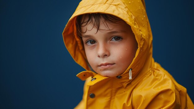 A child in a bright yellow raincoat on a background of dark blue