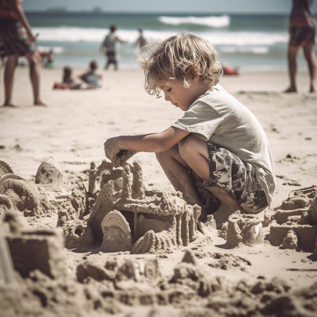 A child building a sand castle on the beach