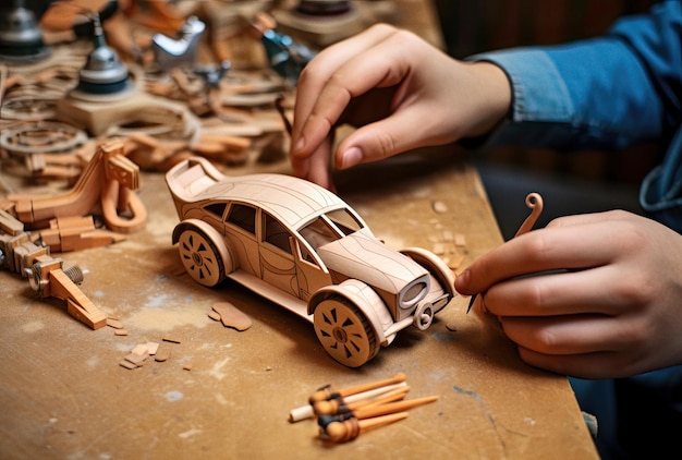 Photo child building wooden car model ai generated