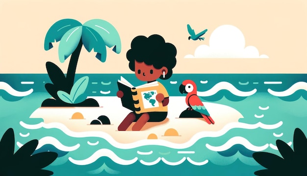 Child of Caribbean Descent Reading Book with Treasure Map on Beach AI Generated