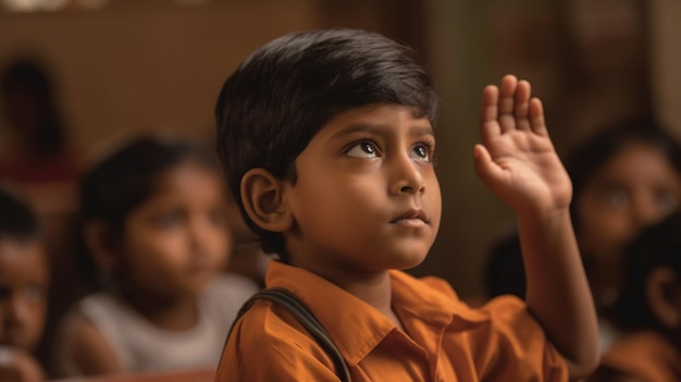 A child in a classroom raising his hand to ask for help.