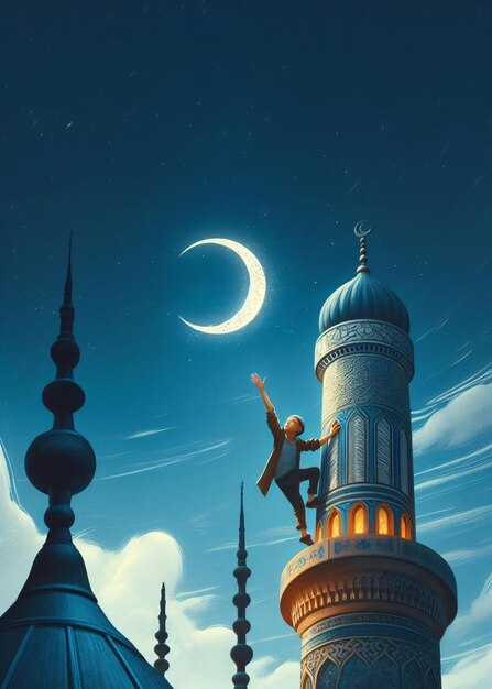 モスクのミナレットに登る子供が半月を乗っている