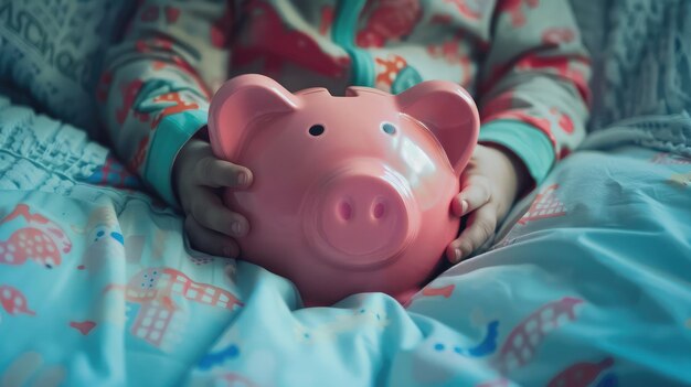 ребенок вблизи в постели с свиньей банком под рукой