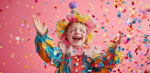 Child in a clown costume in the air with confetti The concept of celebration and fun