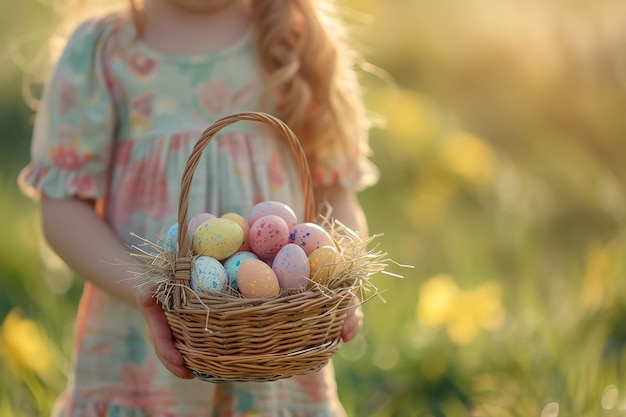 Ребенок держит корзину, наполненную яркими пасхальными яйцами Generative Ai