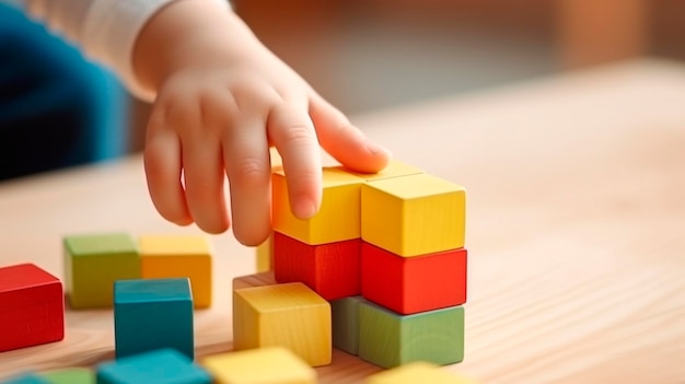 A child collects wooden construction blocks Generative AI Kid