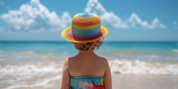 Child in Colorful Hat Admiring the Ocean