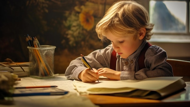 Foto un bambino che colora scrivendo alla sua scrivania scolastica