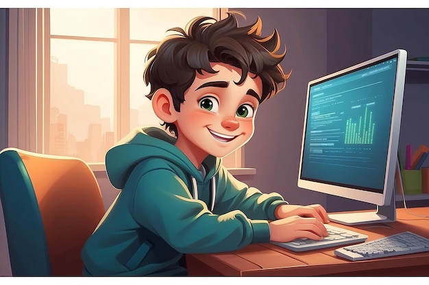 컴퓨터에 앉아 있는 아이 만화 소년 노트북으로 책상에서 배우는 학생 코드 터 개념을 공부하는 학생