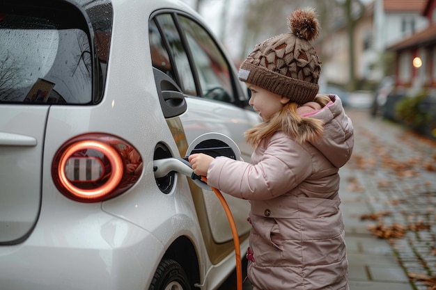 The child connects the charging cable to a gray electric car