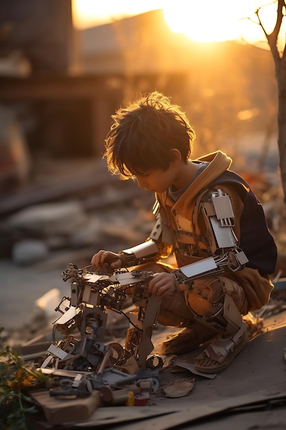 A Child Constructing a Robot From Discarded Materials Creati Digital Native Gen Alpha Poor Concept