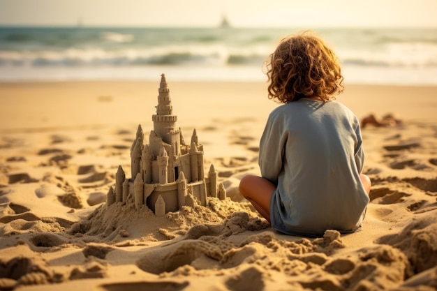 Child Contemplating Sand Castle on Sunny Beach