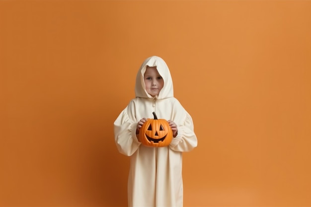 a child in a costume holding a pumpkin with a black handle.