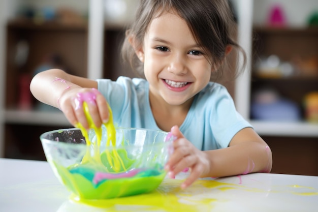 Photo child creating slime in a homemade science experiment