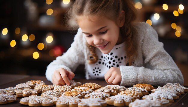 Child decorating christmas cookies in kitchen