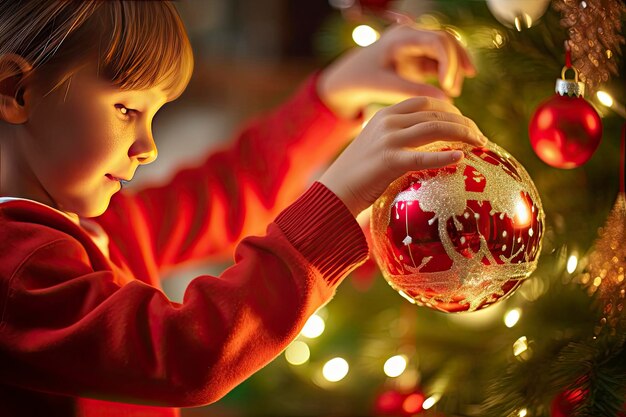 사진 크리스마스 트리 를 장식 하는 아이 의 클로즈업