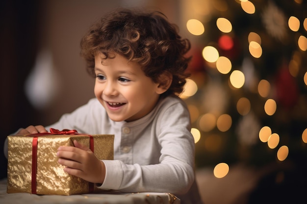 Child decorating christmas tree at home