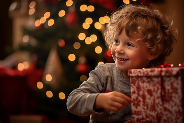 아이 가 집 에서 크리스마스 트리 를 장식 하고 있다