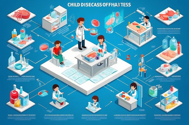 사진 어린이 질병 인포그래픽 이소메트릭 터 일러스트레이션