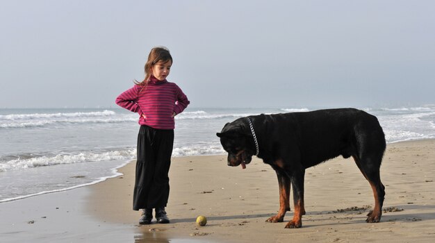Ребенок и собака на пляже