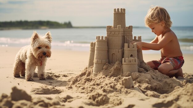 Photo a child and dog building sandcastle at the background