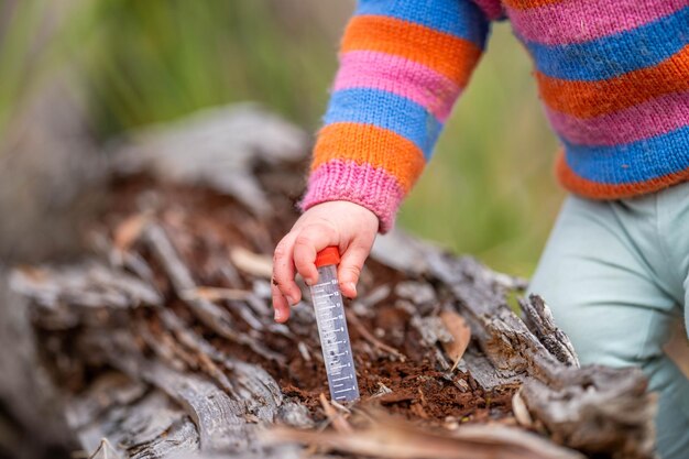 自然の茂みの中で外で試験管を持って科学幼児をやっている子供