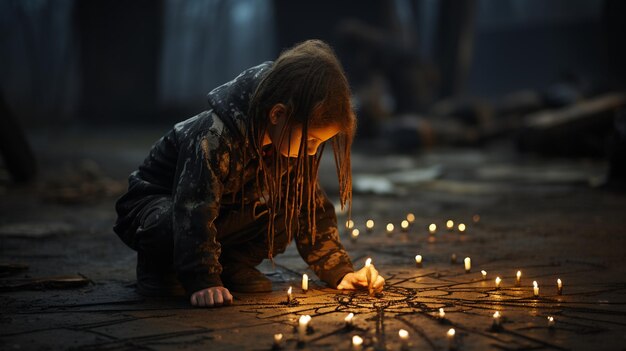 A child drawing the evil pantagram a symbol of demon on the ground