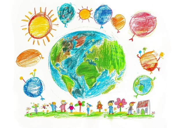 Photo child drawing of multicultural children holding hands world peace no war