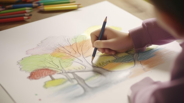 A child drawing a tree with a pencil