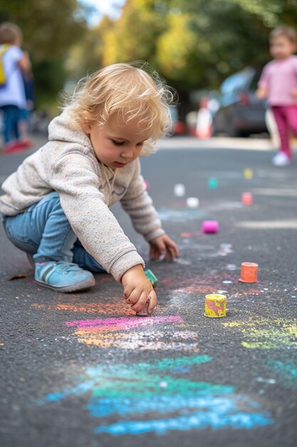 The child draws a house and a rainbow on the asphalt with chalk Selective focus Generative AI