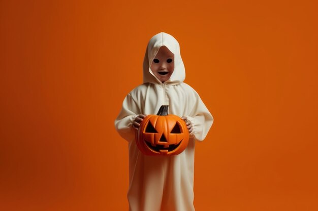 a child dressed as a ghost holds a pumpkin.