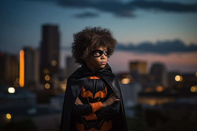 Ребенок, одетый как супергерой, уверенно позирует на фоне городского пейзажа. Костюмы на Хэллоуин