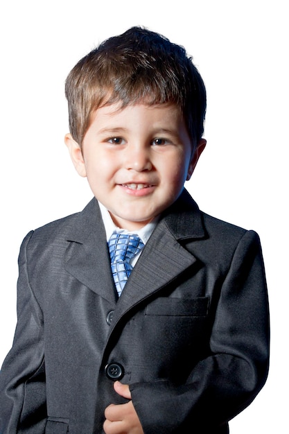 Child dressed businessman with funny face. Isolated