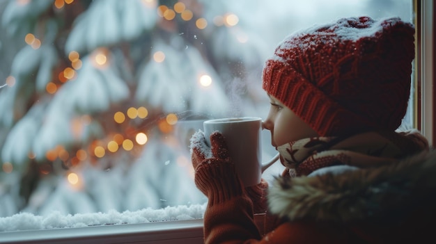 Фото child drink cocoa or milk near the window from big white mug mock up of cup christmas time