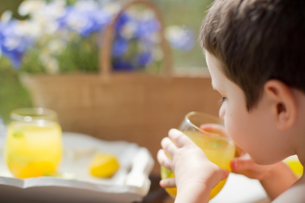 子供はレモネードの夏の飲み物を飲みます