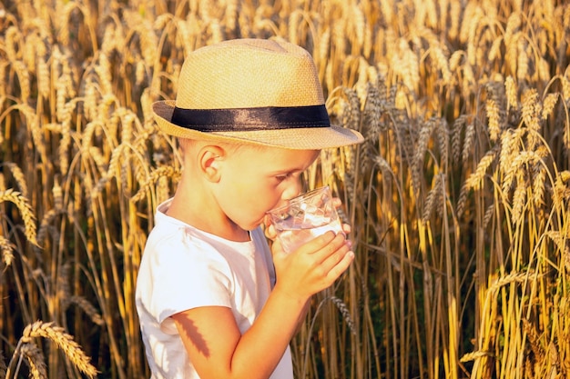 A child drinks water on the background of the field