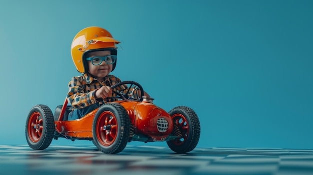 ヘルメットとゴーグルでおもちゃ車を運転する子供