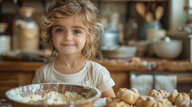 子供 は キッチン で クッキー の ペースト を 混ぜる こと に 熱心 に 協力 し て い ます