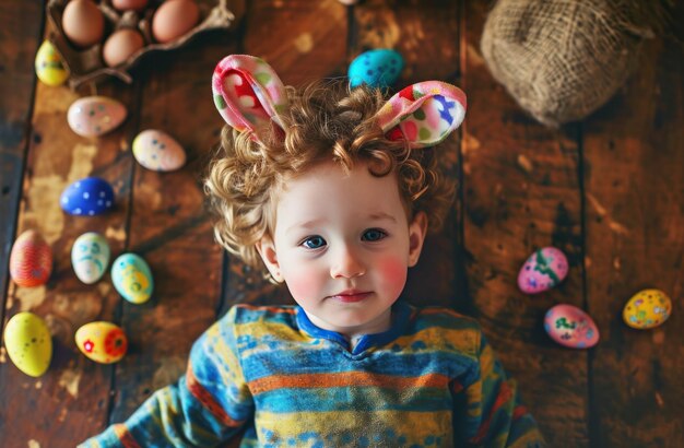 Foto in orecchie di pasqua di bambino che mostrano alcune uova di pasqua