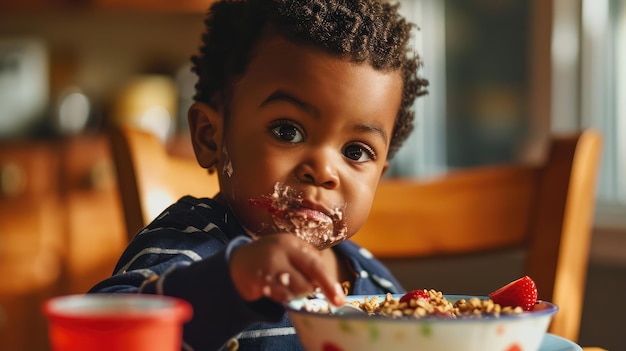 Photo child eating acai in bowl with crunchy granola and fresh fruits smearing himself with fun