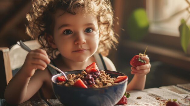 Photo child eating acai in bowl with crunchy granola and fresh fruits smearing himself with fun