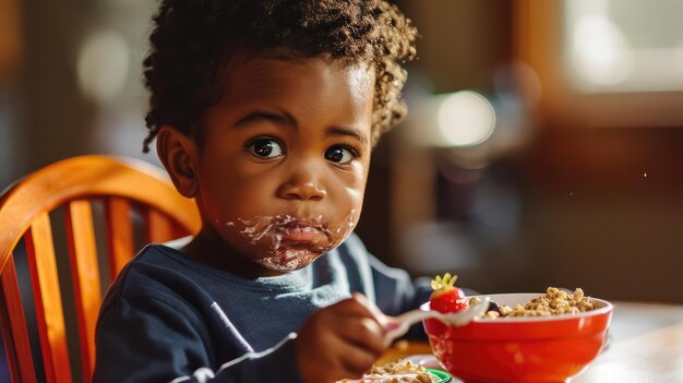 Child eating acai in bowl with crunchy granola and fresh fruits smearing himself with fun