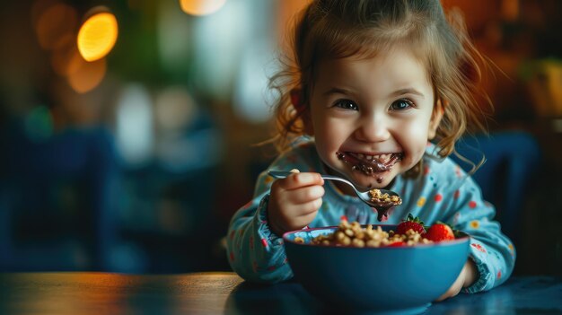 写真 クラッシー・グラノラと新鮮なフルーツを盛ったボウルでアカイを食べている子供が自分を楽しみに塗っています