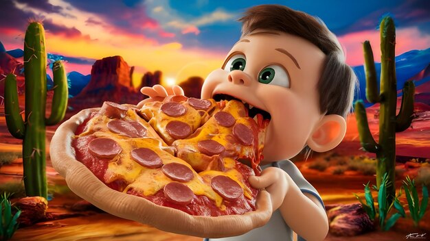 Photo a child eating a large pizza with a lot of toppings on it