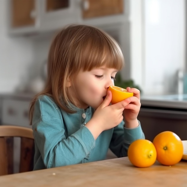 Child Eating An Orange In Kitchen