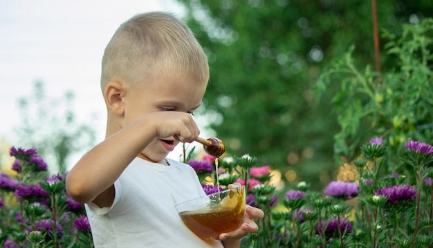 Child eats honey in the garden.