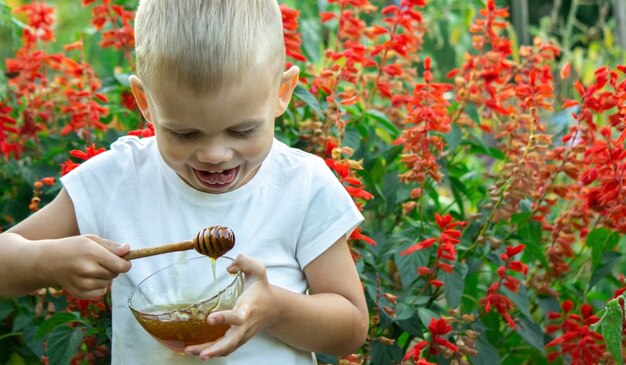 子供は庭で蜂蜜を食べます。