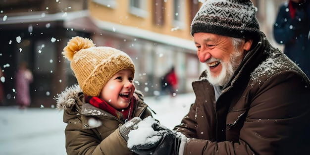 A child and an elderly grandfather play snowballs on the street in winter with smiles on their faces