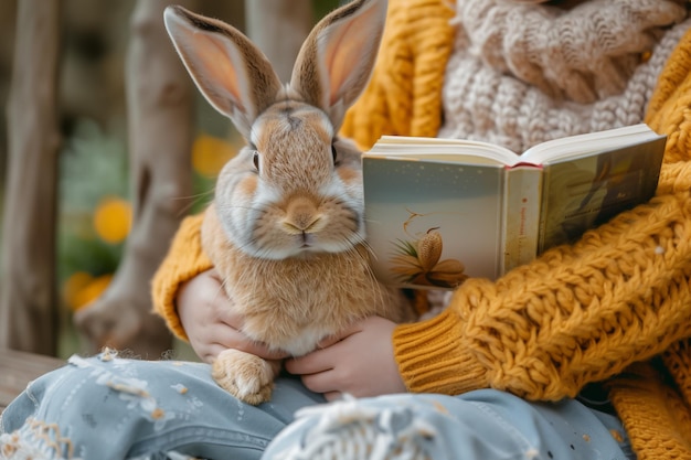 Child Embracing Rabbit While Reading Outdoors