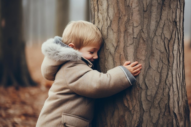 Child embracing tree in the forest for carbon neutral love of nature and ecofriendly practices